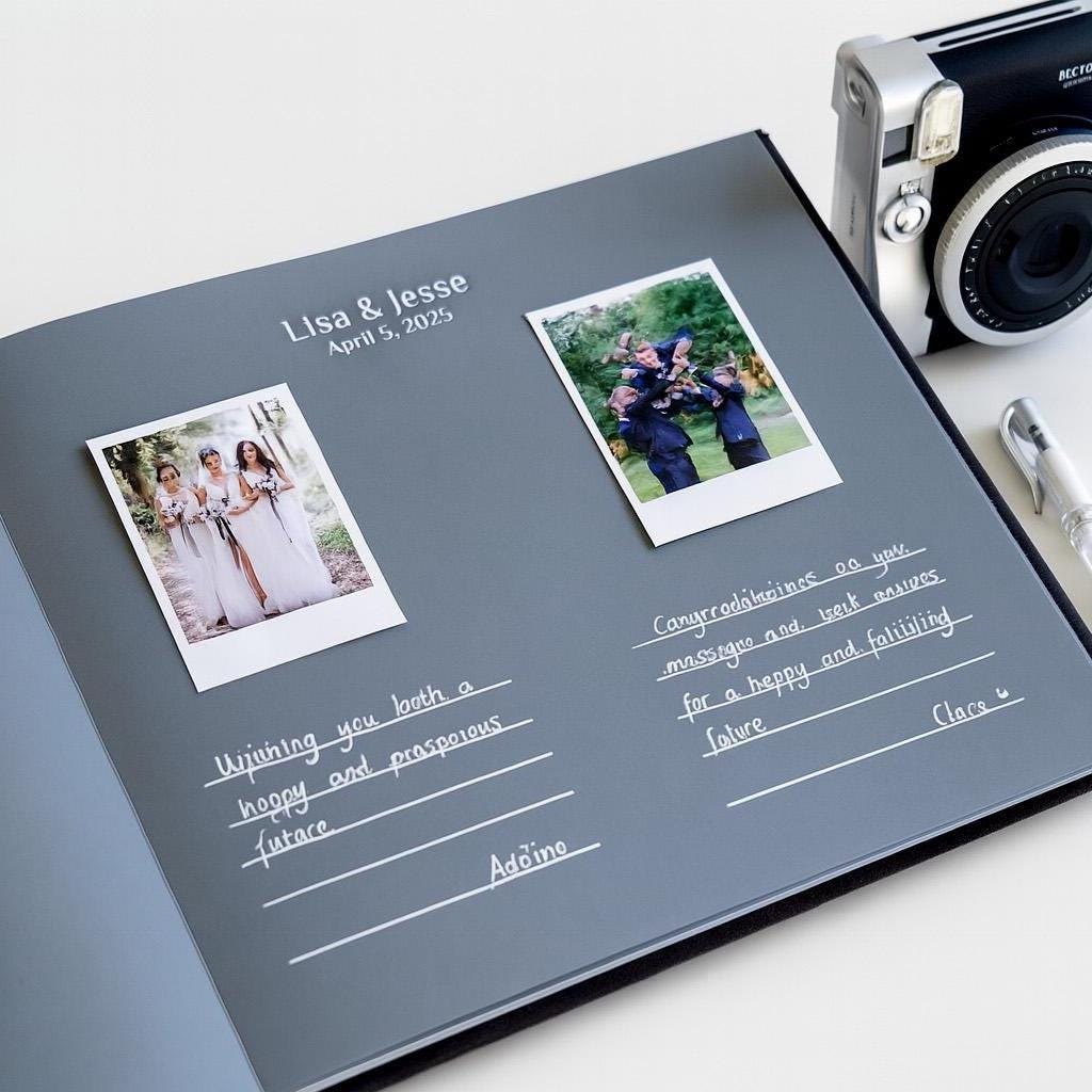 Black Pages Wedding Guest Book with Polaroid Photo Slots – Custom Names & Date – Instax Guest Book for Modern Weddings