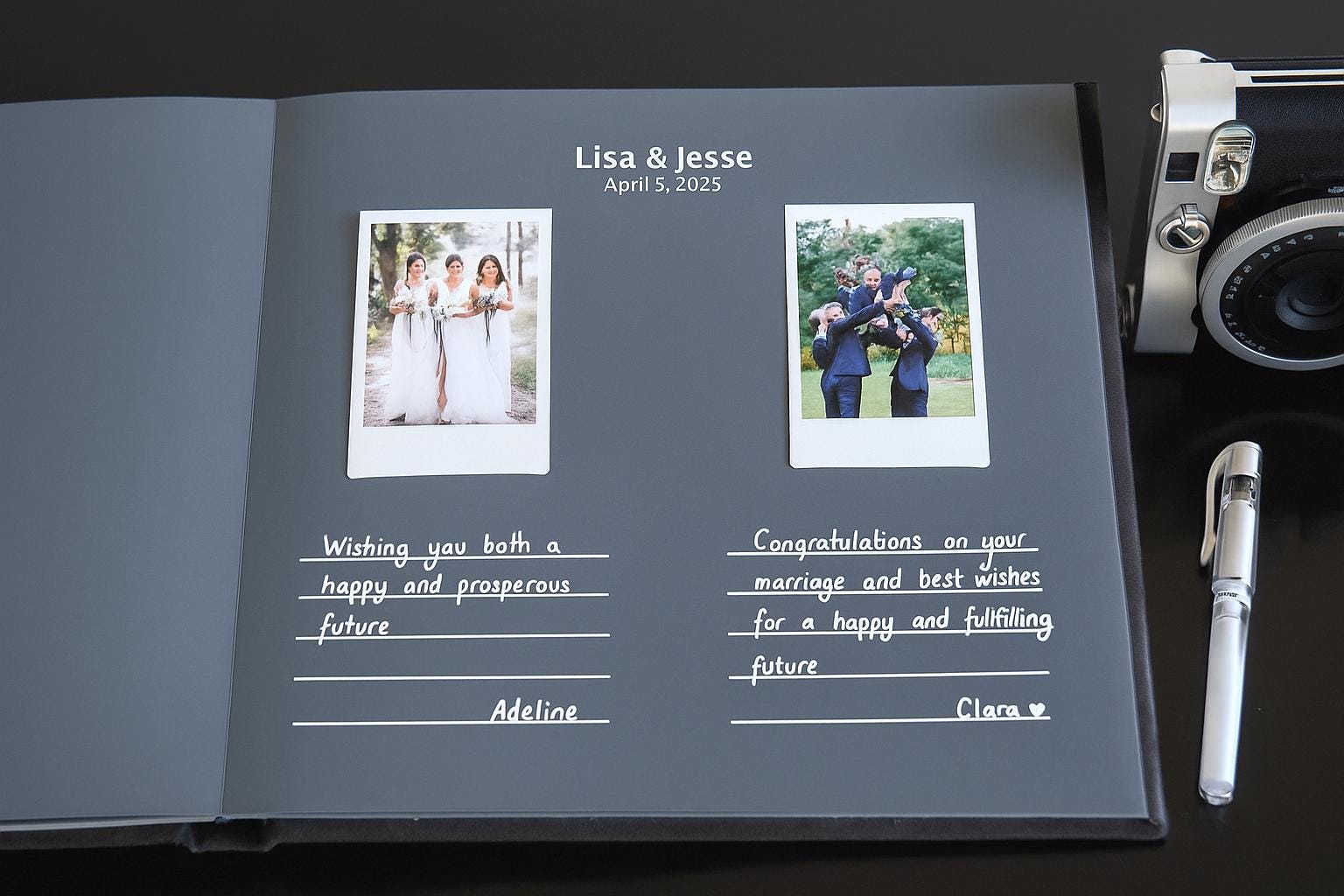 Black Pages Wedding Guest Book with Polaroid Photo Slots – Custom Names & Date – Instax Guest Book for Modern Weddings