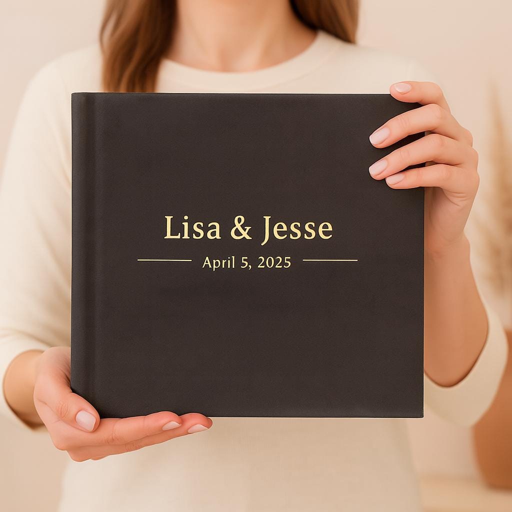 Black Pages Wedding Guest Book with Polaroid Photo Slots – Custom Names & Date – Instax Guest Book for Modern Weddings