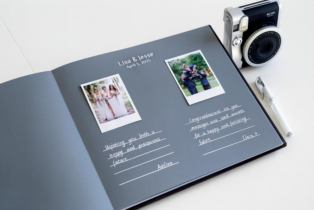 Personalized Black Page Wedding Guest Book with Polaroid Photo Slots – Custom Names & Date – Instax Guest Book for Modern Weddings
