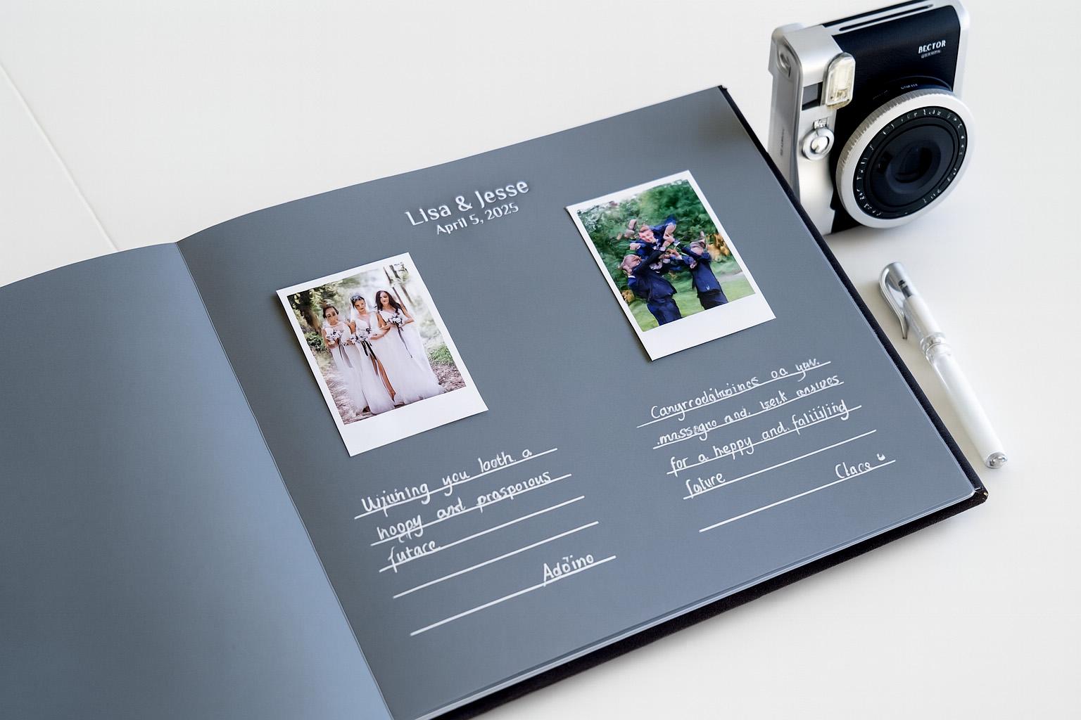Personalized Black Page Wedding Guest Book with Polaroid Photo Slots – Custom Names & Date – Instax Guest Book for Modern Weddings
