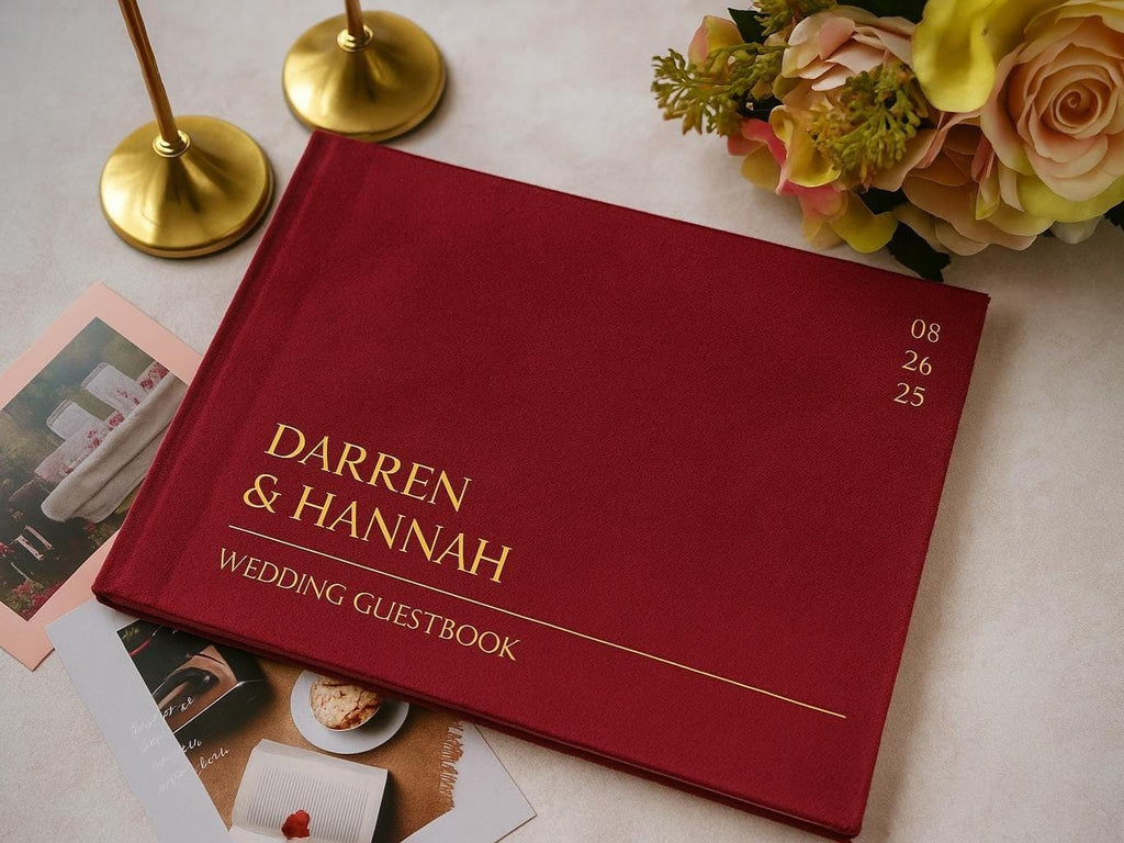 Black Pages Wedding Guest Book with Polaroid Photo Slots – Custom Names & Date – Instax Guest Book for Modern Weddings